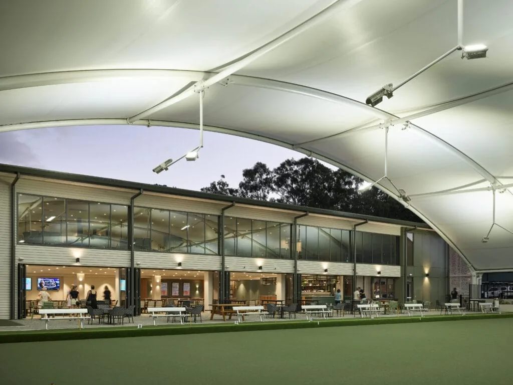 Club outdoor lawn bowls green and bistro